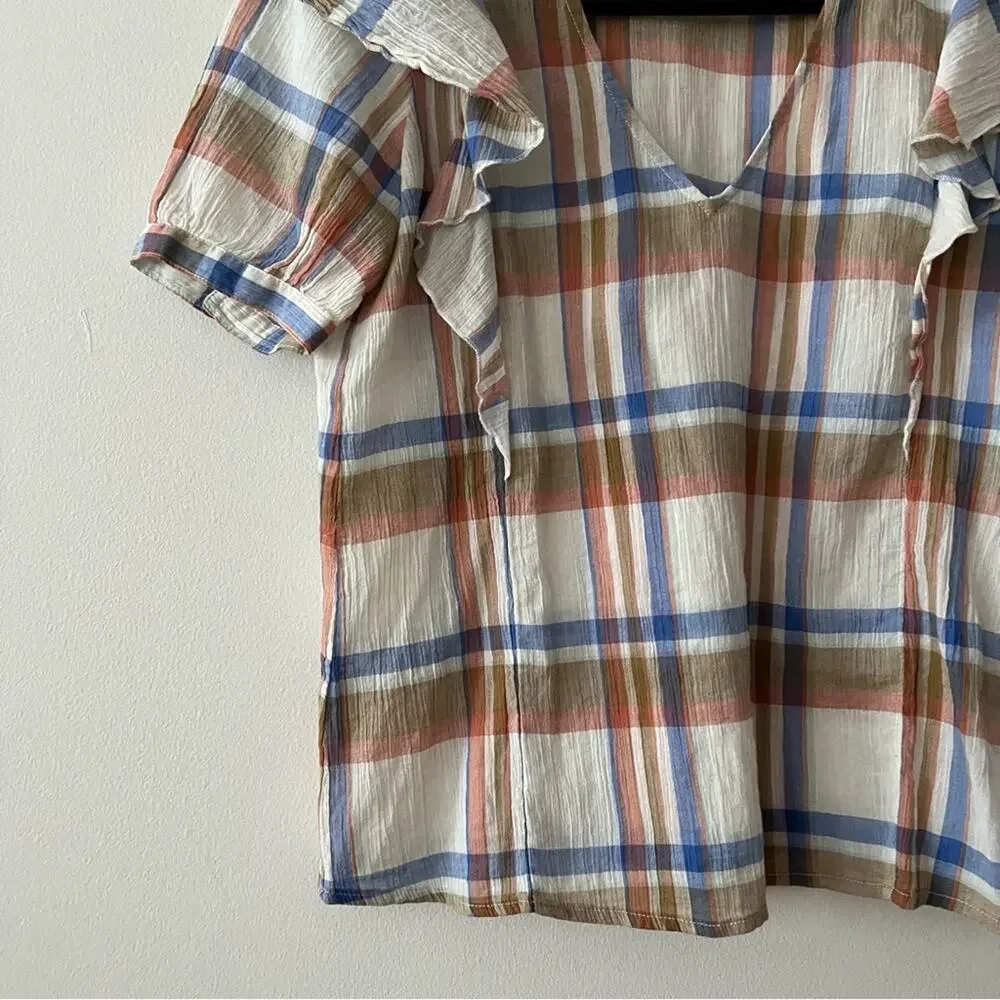 Madewell V-Neck Shoulder-Ruffle Top in Plaid